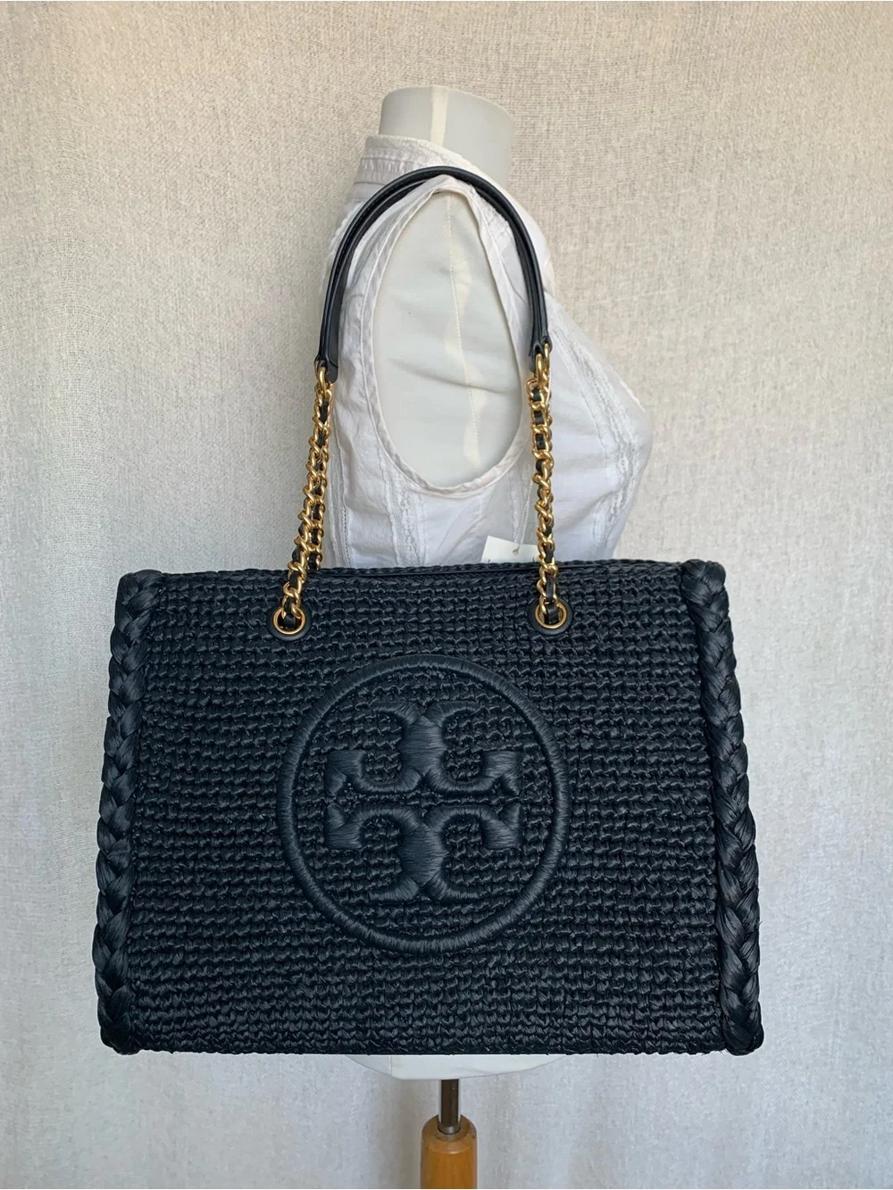 NEW Tory Burch Ella Melange Chain Strap Black Raffia Small Tote Bag